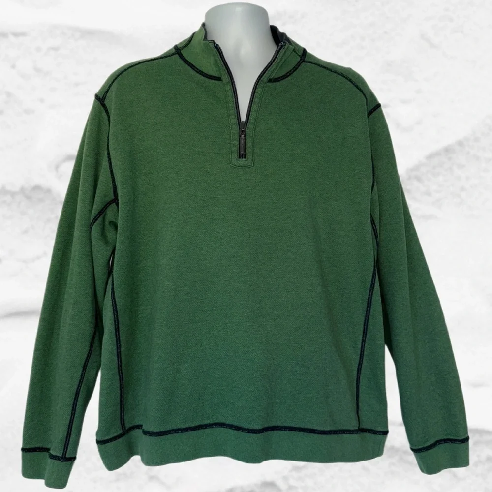 Tommy Bahama XL Green 1/4 Zip Pullover Sweatshirt Contrast Stitching - Picture 3 of 8